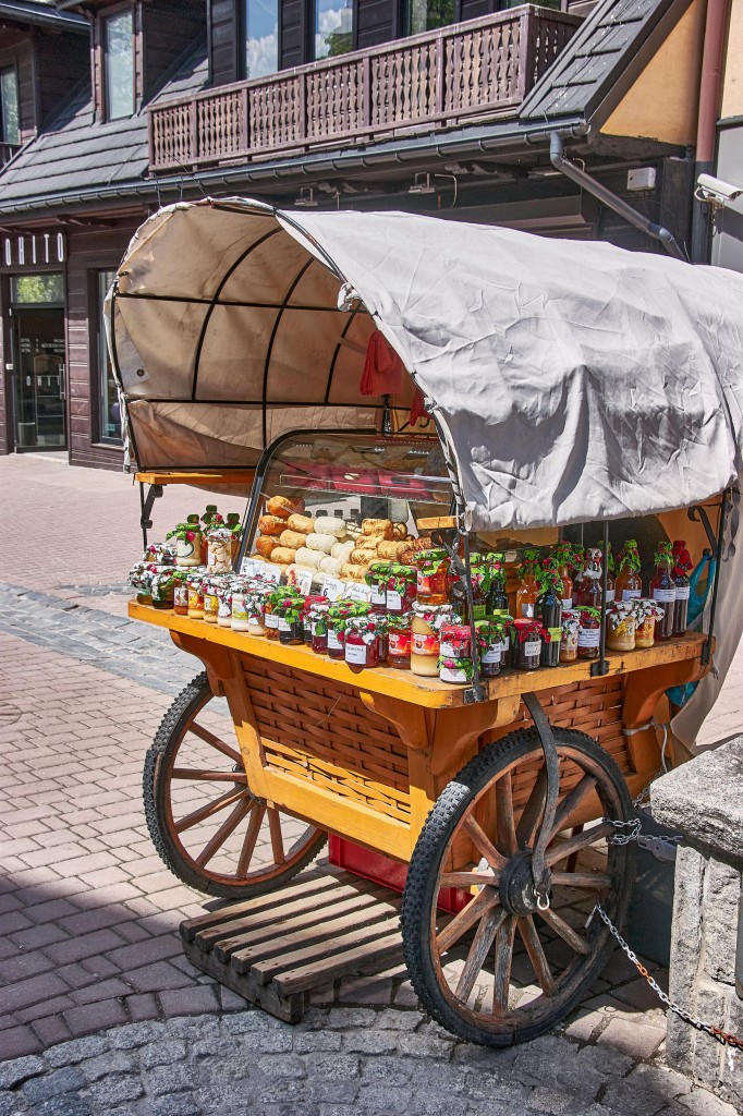 Selling of local specialties on the Krupówki street, Zakopane, Poland