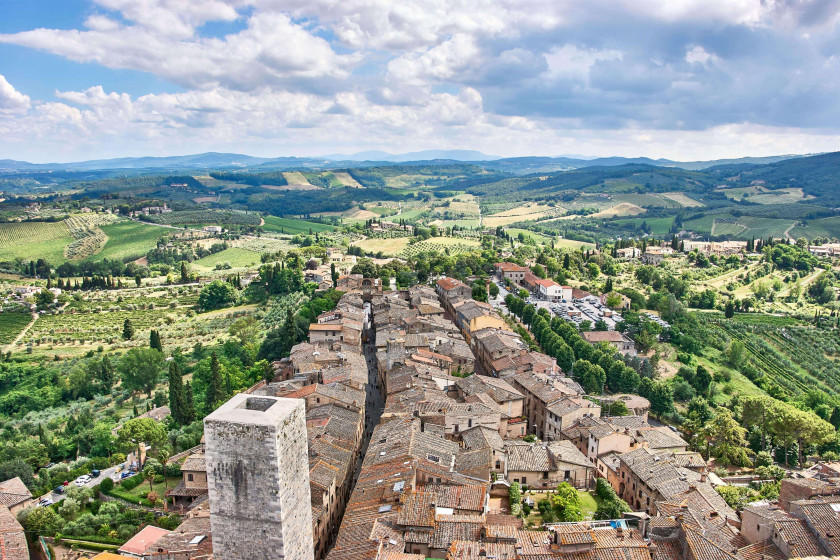 A Bench on the Tower next to the highest tower in San Gimignano, Tuscany