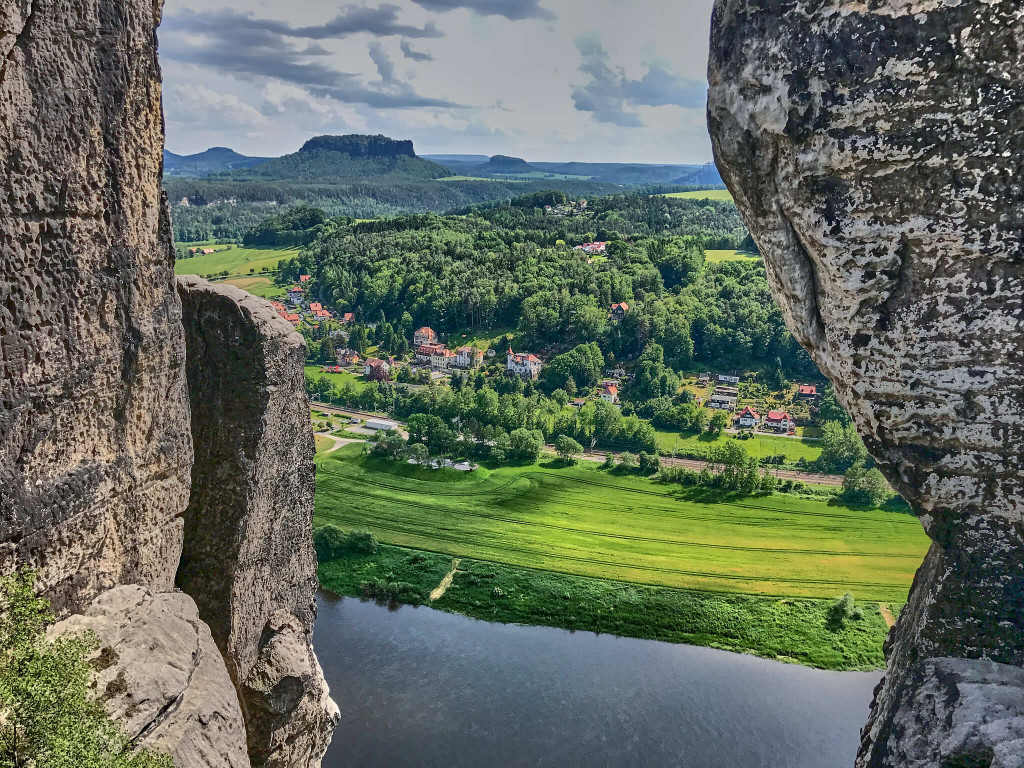 View of the Elbe River betwenn the rocks in Bastei
