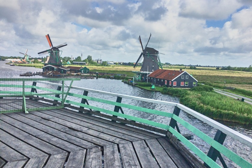 A Panorama View from one of the working windmills at Zaanse Schans, the Netherland; day trip from Amsterdam