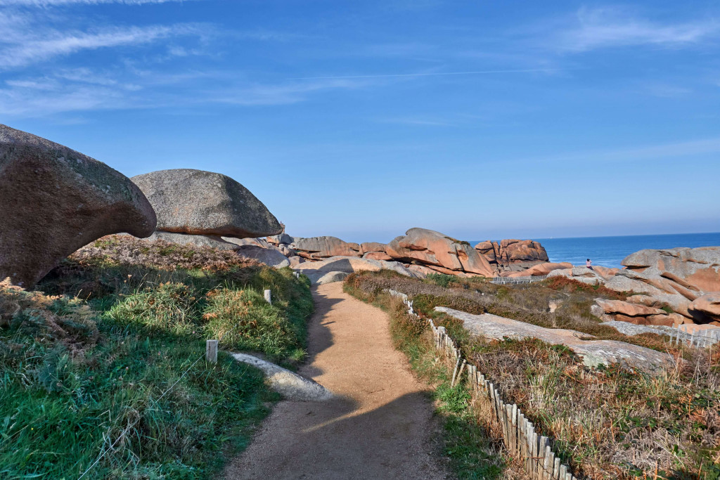 Walking path on the cliff of Ploumanac’h on the Pink Granite Coast in Brittany, France