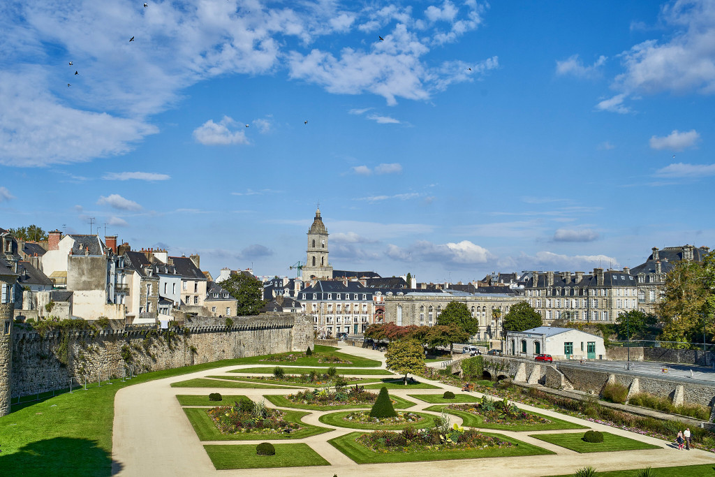 Jardin des Remparts with view of the church of Saint Patern in Vannes, Brittany France
